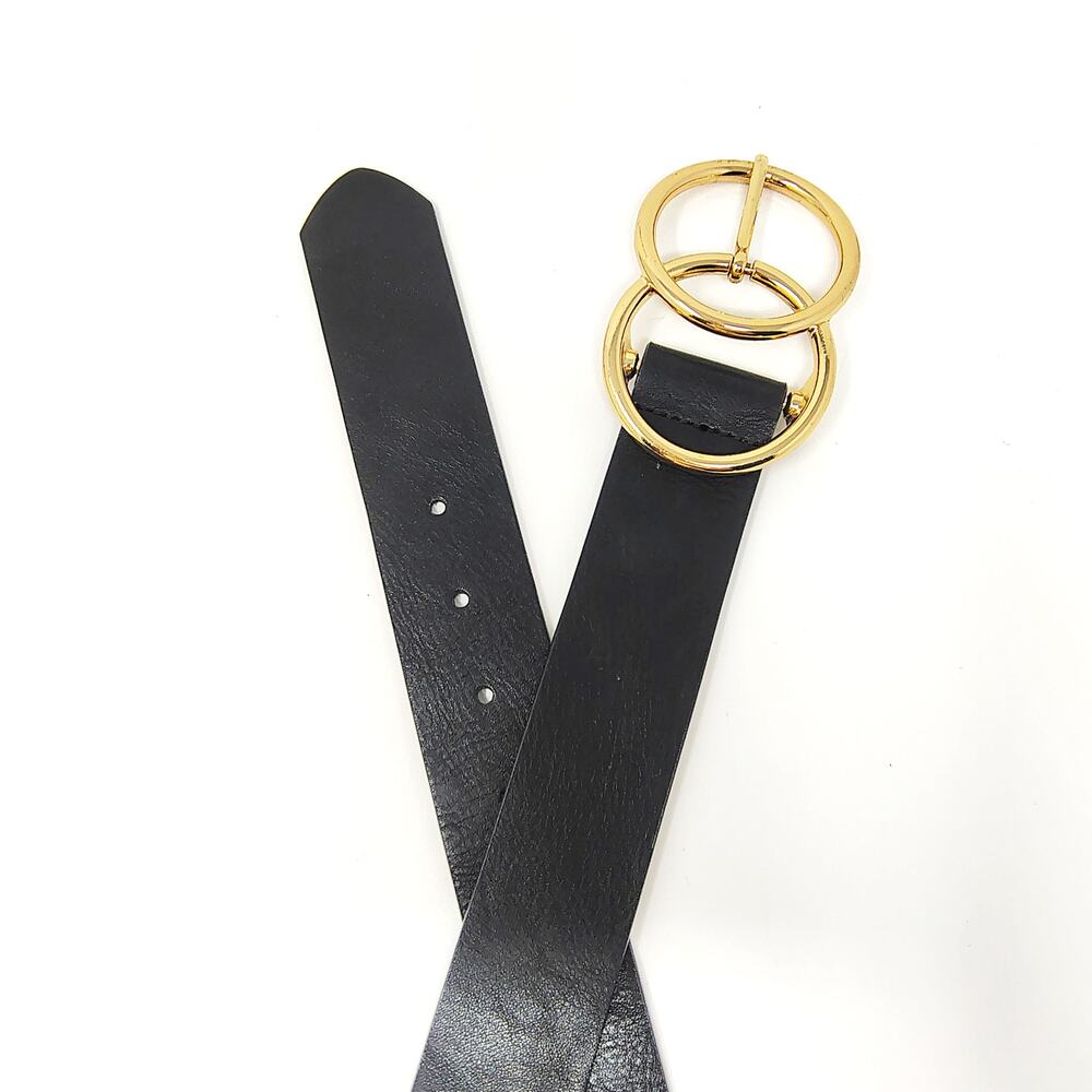 Linea Pelle LP Blue Belt Womens Small Black Faux Leather Gold Circle Buckle